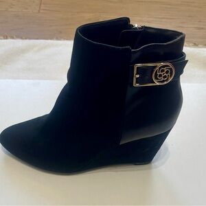 Black Ankle Wedge Boots with Gold Accent